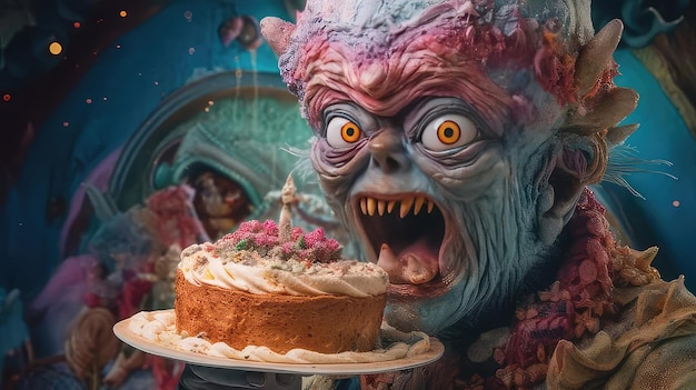 A monster with a cake in front of a building