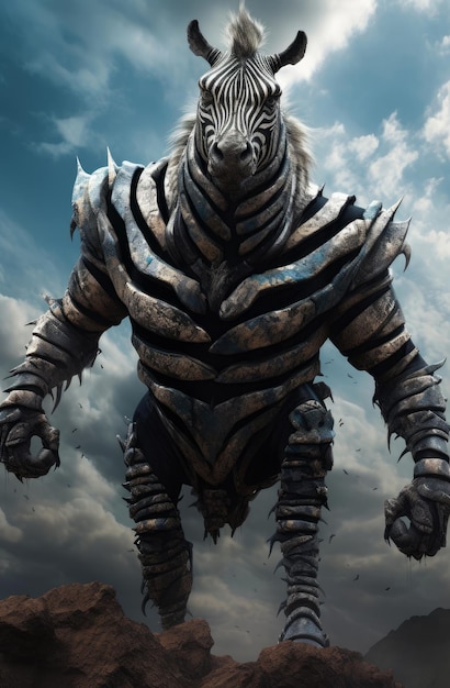 A monster with a cloudy sky in the background