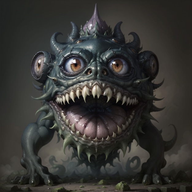 A monster with a green face and a purple nose is in front of a dark background.