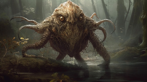 A monster with a green face stands in a swamp.