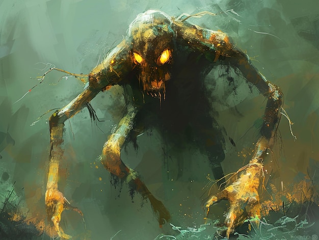 a monster with a green head and yellow eyes is shown in a dark green background