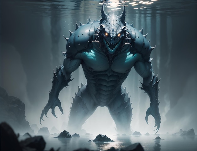 A monster with a halo on his head stands in the water.