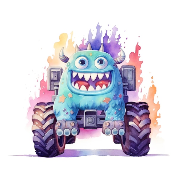 Photo a monster with horns is on a tank with a colorful background.