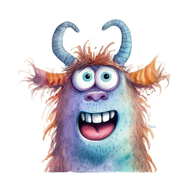 A monster with horns and a purple nose is on a white background.