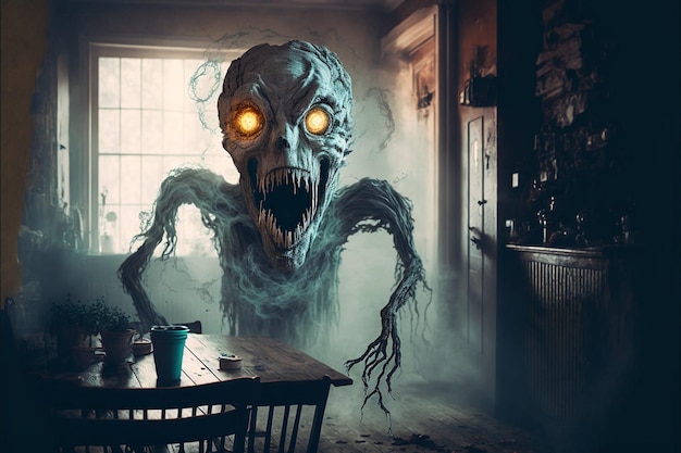 A monster with orange eyes stands in a room with a table and a window with a table and a cup of coffee.