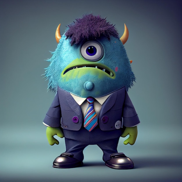 A monster with a purple hat and purple tie is standing in a suit.