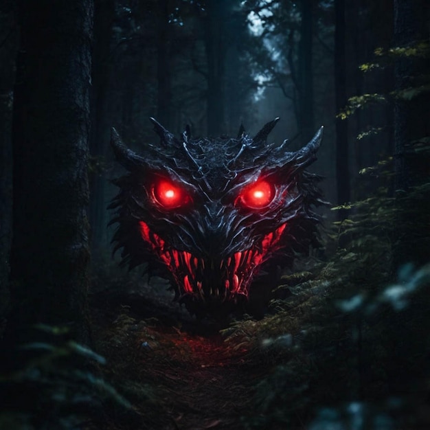 a monster with red eyes and glowing eyes in a forest