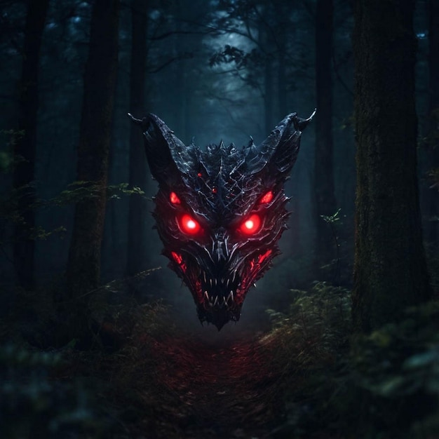 a monster with red eyes and glowing eyes is walking through a forest