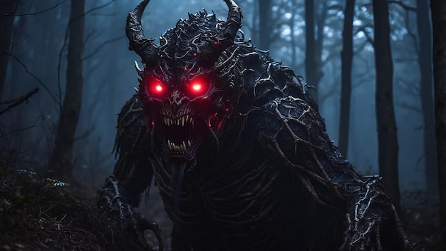 a monster with red eyes and glowing eyes stands in a forest