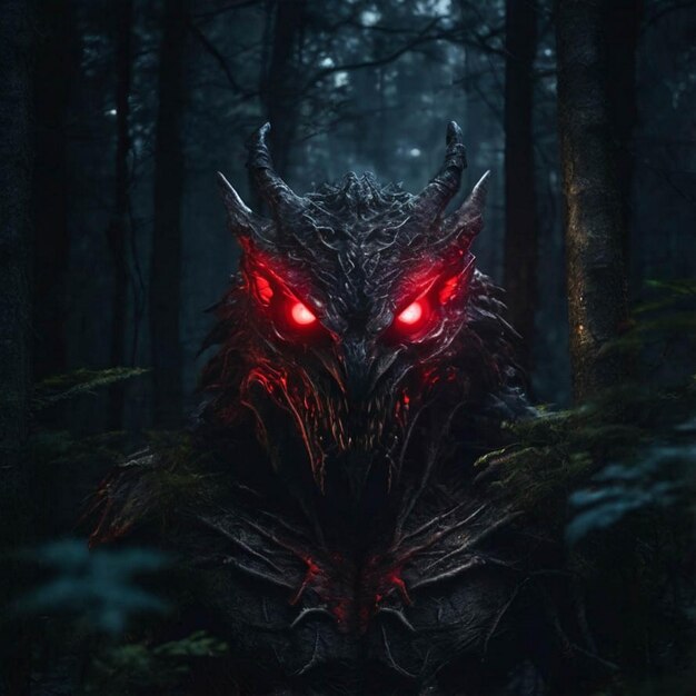 a monster with red eyes and glowing eyes stands in a forest