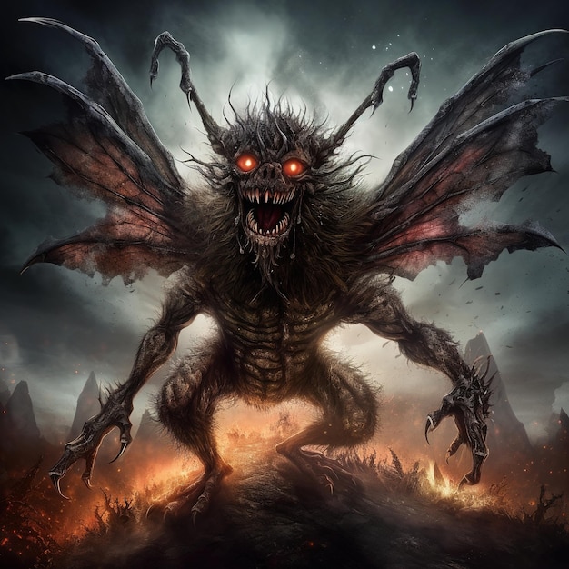 A monster with red eyes and a wings on a hill