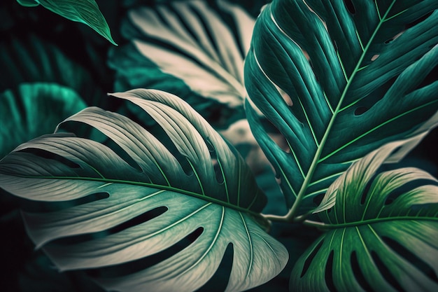 Monstera deliciosa leaves in the jungle, vintage color tone, nature background.