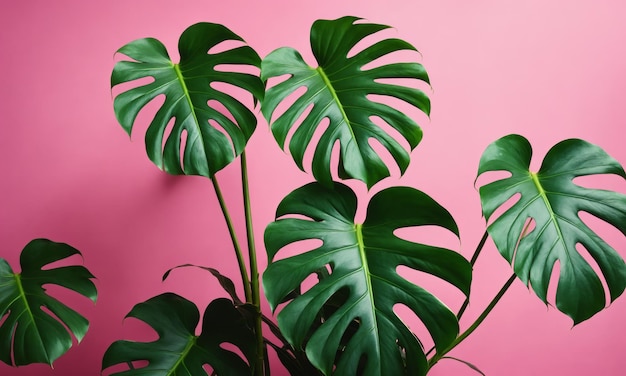 Photo monstera deliciosa plant leaves against pink background