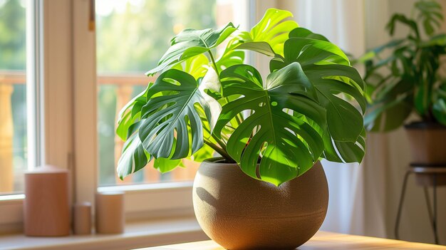 Monstera deliciosa plant in a stylish pot by the window in a sunlit contemporary room