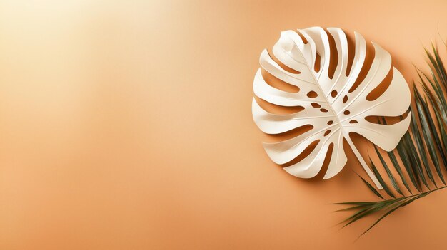 Photo monstera leaf decoration on orange background tropical vibe