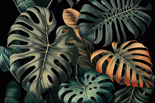 Monstera Leaf Pattern Lush Jungle Background Exotic Tropic Foliage Abstract Generative AI Illustration