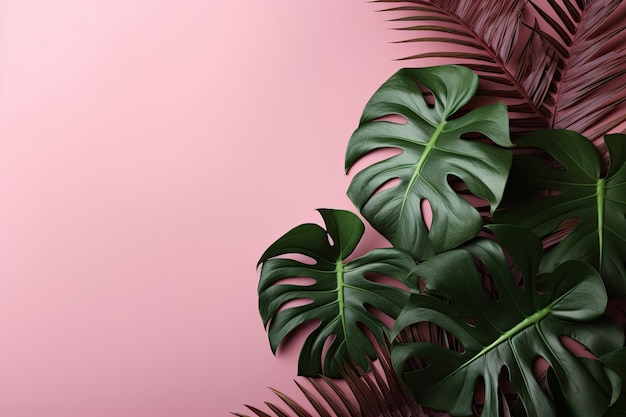 Monstera leaves botanical floral on plain pink color background AI Generated