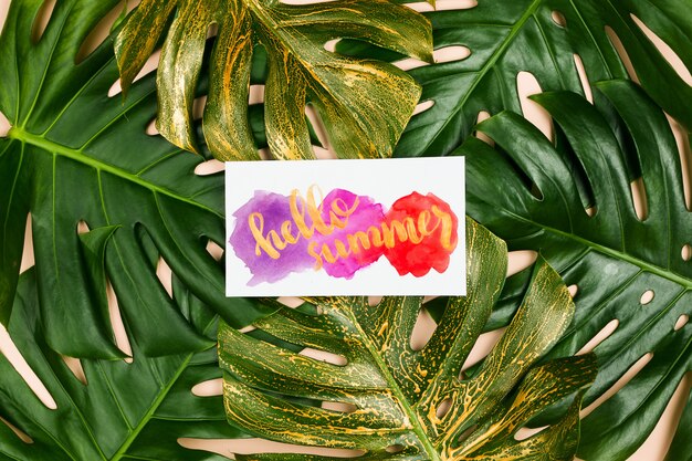 Monstera leaves and hand lettered sign Hello Summer. Summer concept, flatlay, pastel background