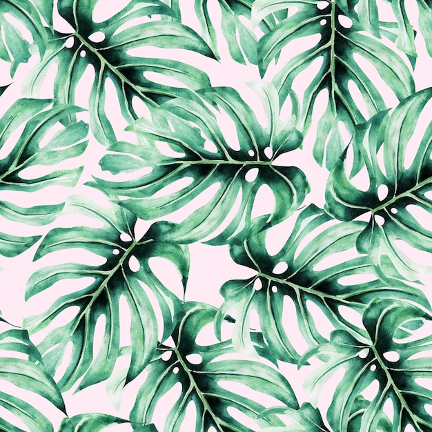 Monstera leaves on light pink background watercolor seamless pattern