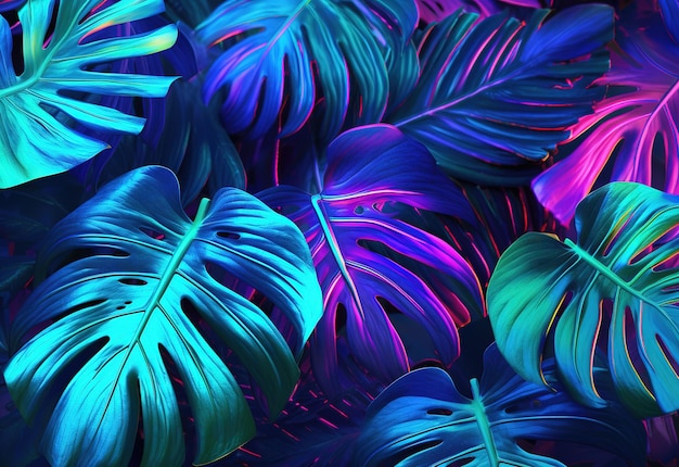 Monstera leaves in neon lights