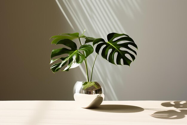 Monstera plant in the clear glass vase lies on the flat white wall background