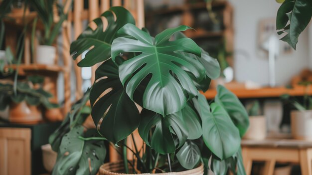 Monstera plant showcasing its distinctive leaves in a cozy indoor plant corner