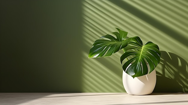 Monstera plant in white ceramic pot on wooden stool in sunlight shadow of leaves on wall with brown matte texture interior design paint background for product demonstration 3D Generative AI