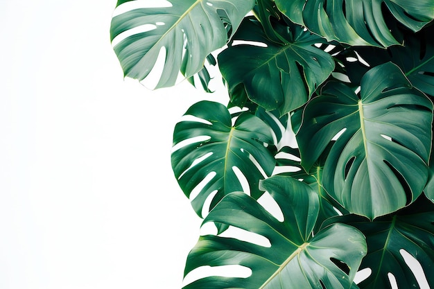 Monstera plant with large dark green leaves web banner with copy space on the right