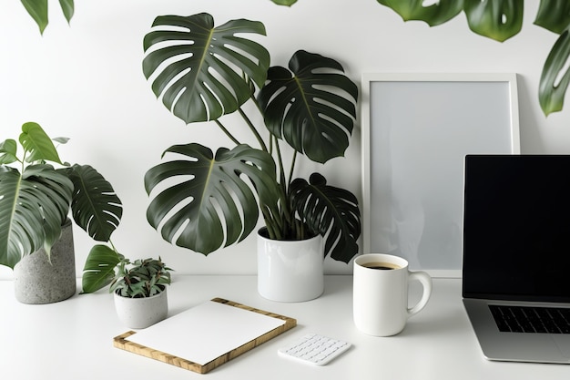 Monsteracovered white desk for work and copying