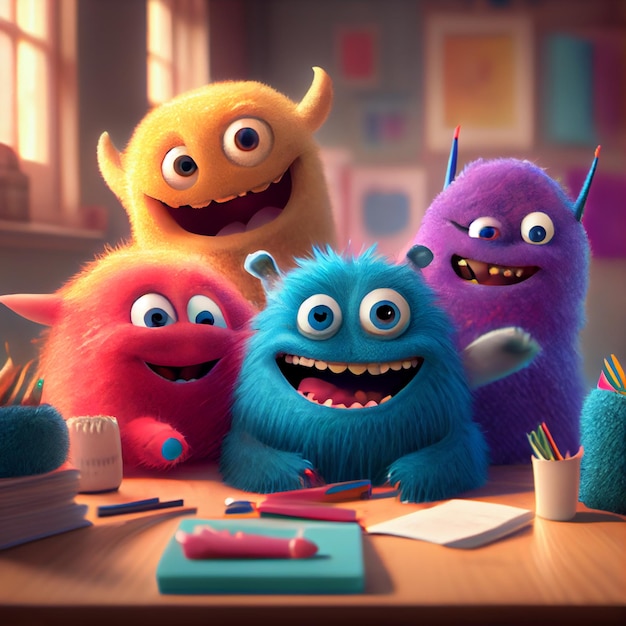 monsters are sitting around a desk with a pencil and pencil holder generative ai