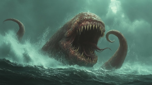 A monstrous sea creature emerges from turbulent waters showcasing its terrifying mouth