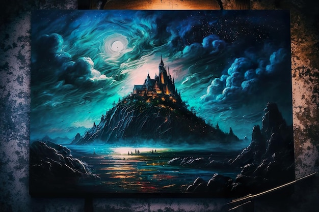 Mont-Saint-Michel Oil Painting Masterpiece of a Beautiful Landscape AI Generated Illustration