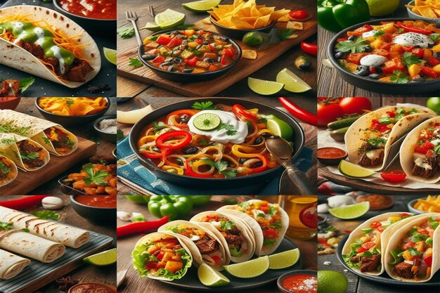 Montage of Mexican cuisine showcasing tacos and fajitas