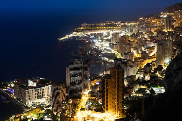 Monte Carlo panorama illuminated by night Urban landscape with luxury architecture