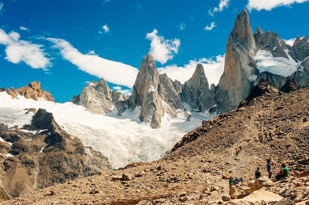 Monte Fitz Roy aerial sunrise view mountain located near El Chalten in the Southern Patagonia august 2019