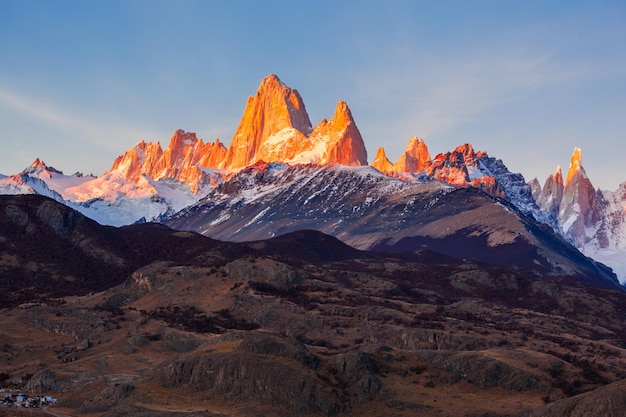 Monte Fitz Roy (also known as Cerro Chalten) aerial sunrise view. Fitz Roy is a mountain located near El Chalten, in the Southern Patagonia, on the border between Argentina and Chile.