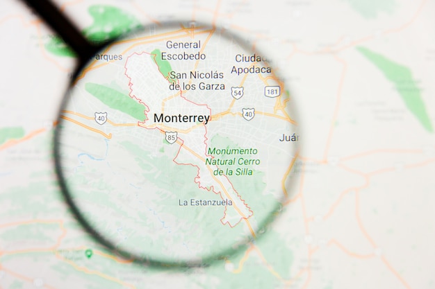 Monterrey, Mexico city visualization illustrative concept on display screen through magnifying glass