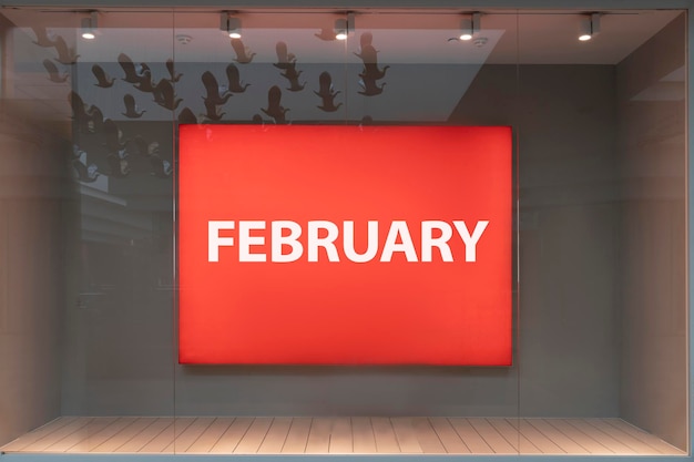 The month of february is a word on a red banner in the window of a boutique store behind glass the l