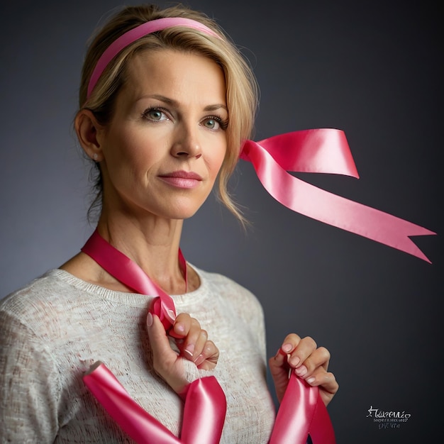 Photo month fight against breast cancer woman and ribbon