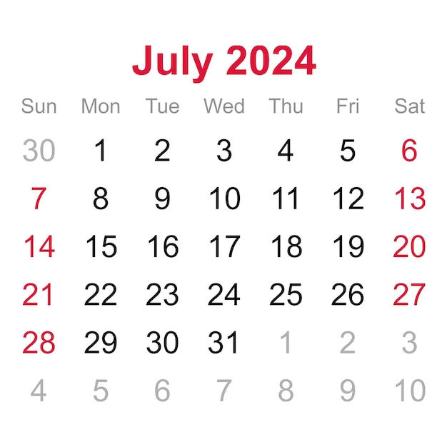 Monthly calendar of July 2024 on white background