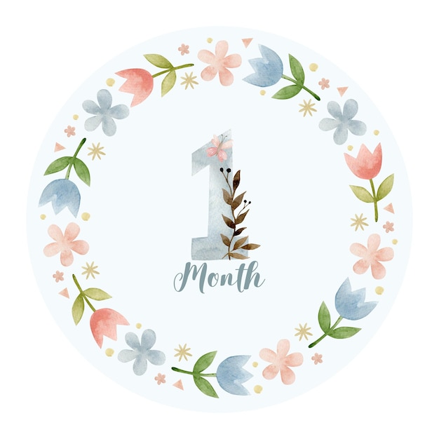 Monthly milestone card 1 month. Cute watercolor illustration.