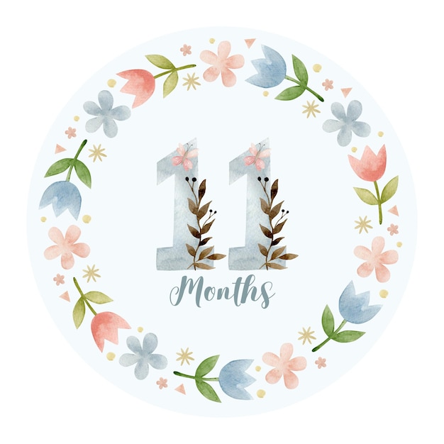 Monthly milestone card 11 months. Cute watercolor illustration.