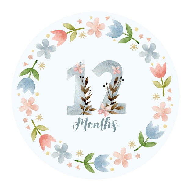 Monthly milestone card 12 months. Cute watercolor illustration.