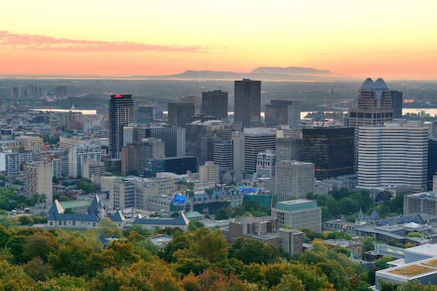 Montreal sunrise viewed from Mont Royal with city skyline in the morning