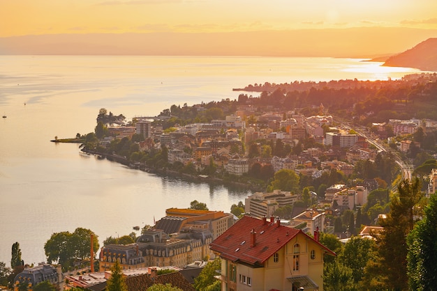 Montreux sunset skyline in Leman Geneva Swiss