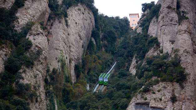 Montserrat mountain funicular to Santa Cova The Benedictine abbey Santa Maria de Montserrat in Monistrol de Montserrat Spain