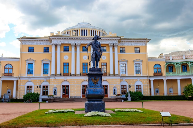 Monument to emperor Paul the First in front of Pavlovsk Palace Russia Inscription on pedestal To emperor Paul the First the founder of Pavlovsk 1872