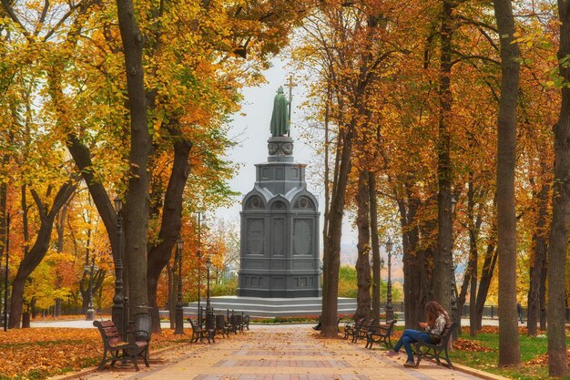 Monument to Prince Vladimir the Baptist at the golden autumn in Kiev