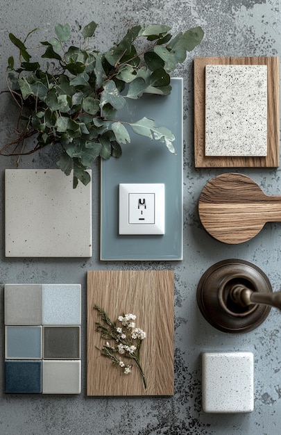 Photo mood board with grey and blue tiles timber samples and greenery for interior design inspiration