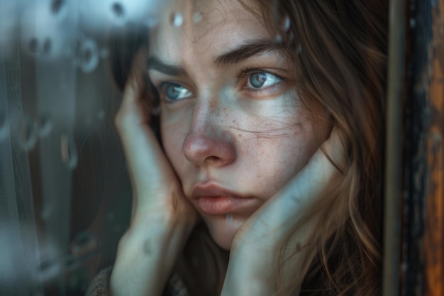 Mood Woman Melancholic Caucasian Woman Looking Through Window in Daylight